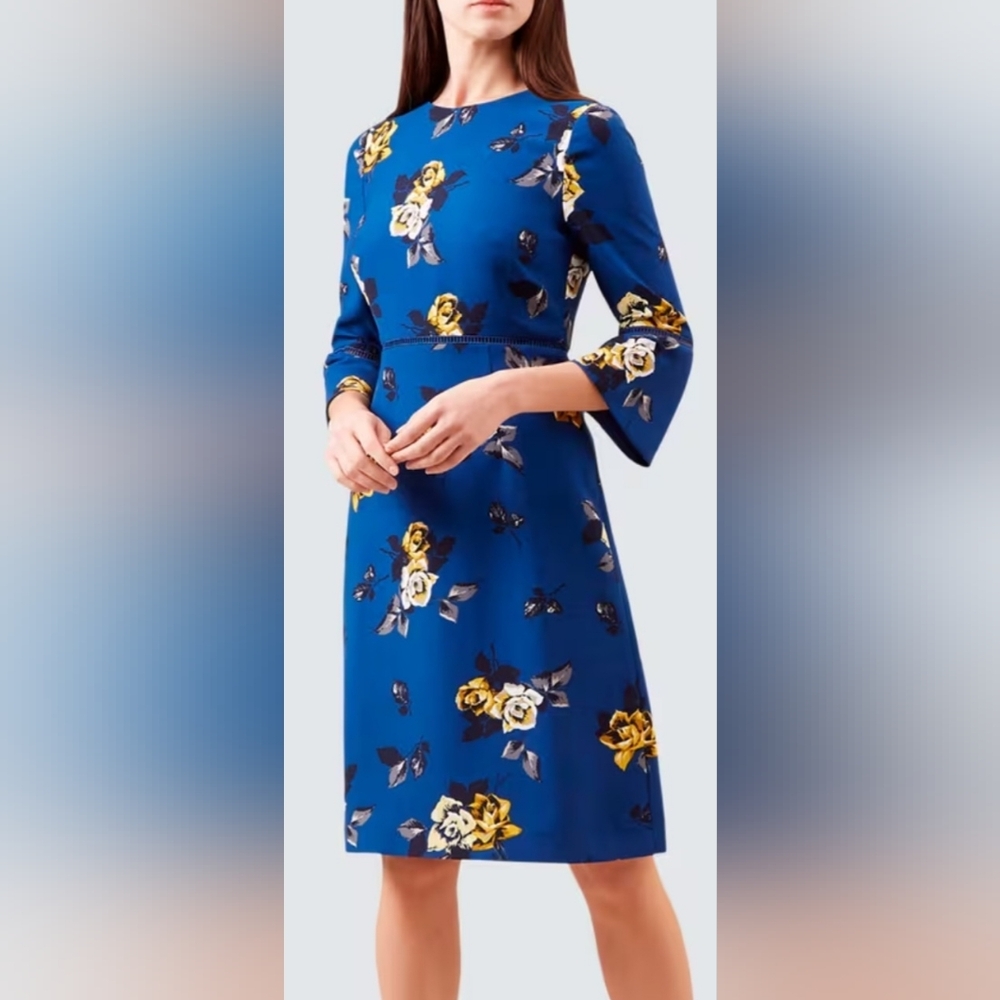Hobbs London Tea Rose Blue Bell Sleeved Ladder Trim Midi Dress 14